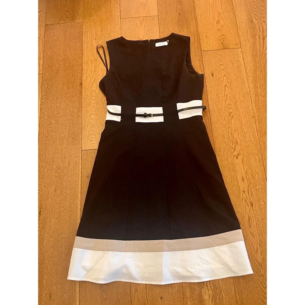 Calvin Klein Black White Colorblock Belted A-Line Midi Dress Career Women 6